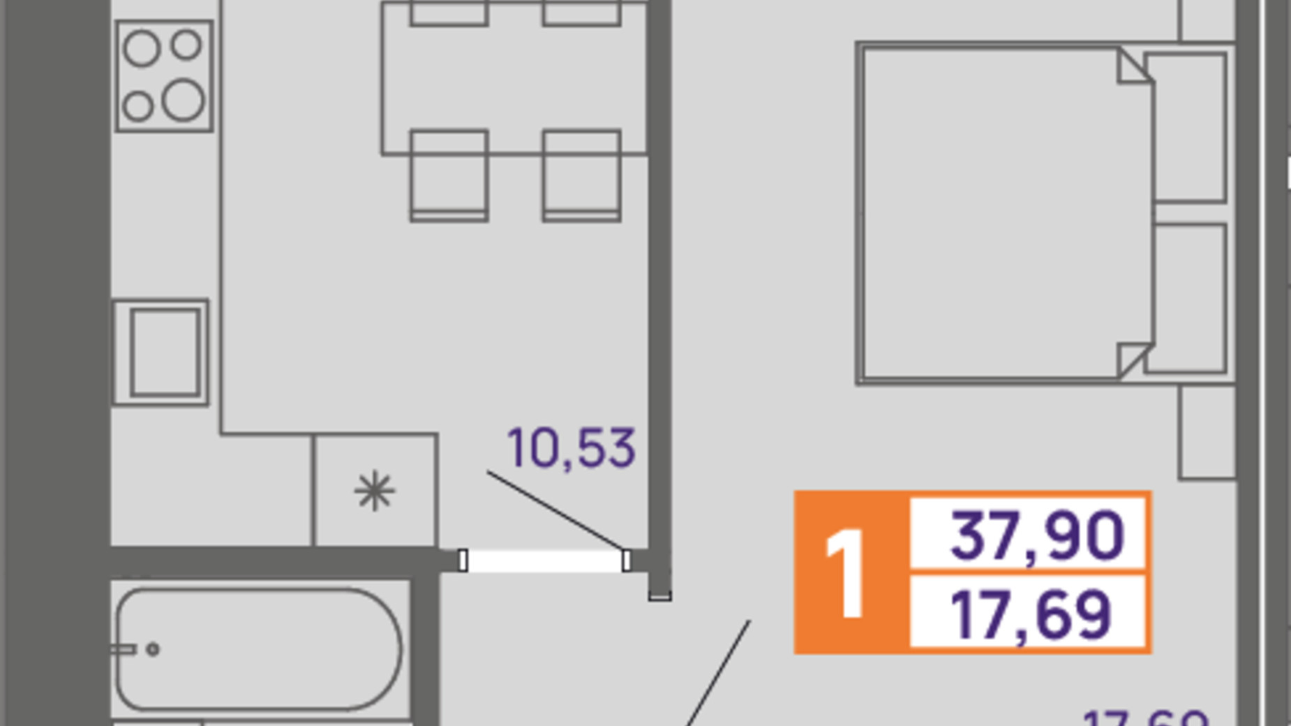 Планировка 1-комнатной квартиры в ЖК Молодежный 37.9 м², фото 300016