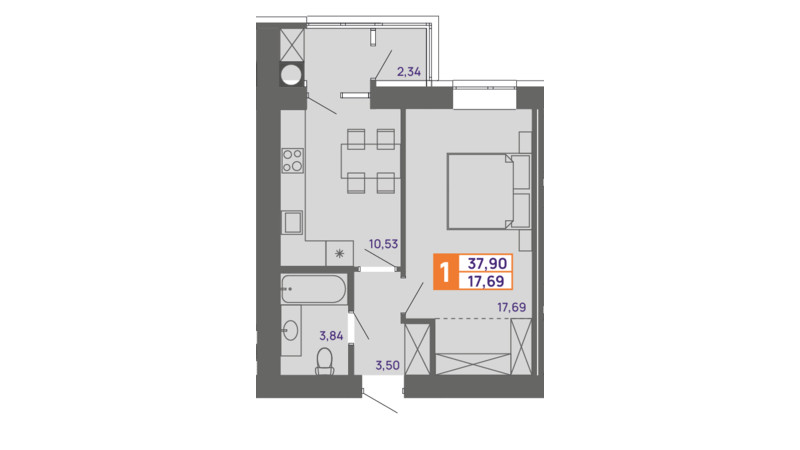 Планировка 1-комнатной квартиры в ЖК Молодежный 37.9 м², фото 300016