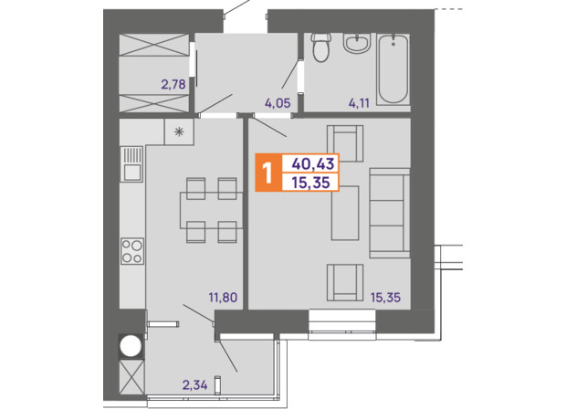 ЖК Молодіжний: планування 1-кімнатної квартири 40.43 м²