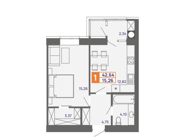 ЖК Молодежный: планировка 1-комнатной квартиры 42.64 м²