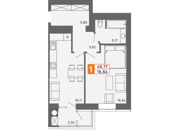 ЖК Молодіжний: планування 1-кімнатної квартири 49.77 м²