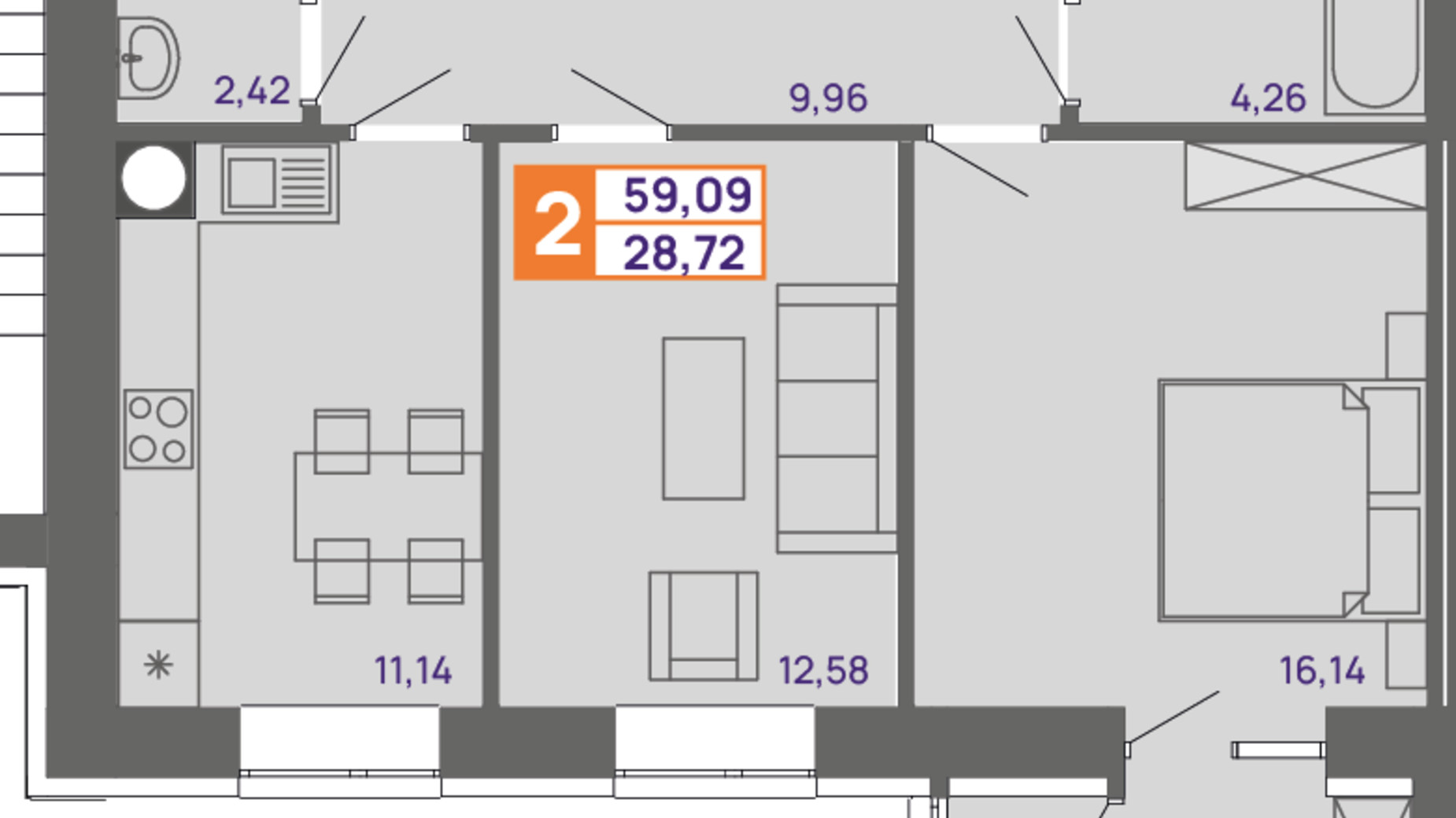 Планування 2-кімнатної квартири в ЖК Молодіжний 59.09 м², фото 300020