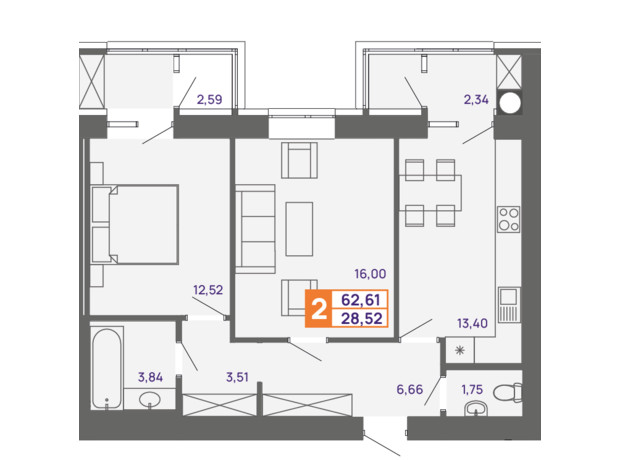 ЖК Молодіжний: планування 2-кімнатної квартири 62.61 м²