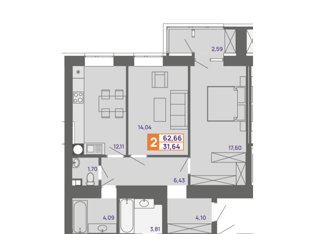 ЖК Молодіжний: планування 2-кімнатної квартири 62.66 м²