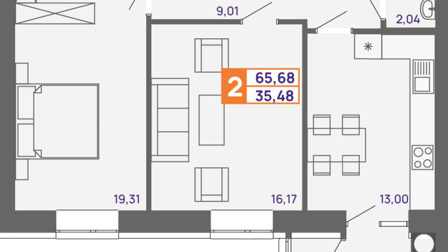 Планировка 2-комнатной квартиры в ЖК Молодежный 65.68 м², фото 300024