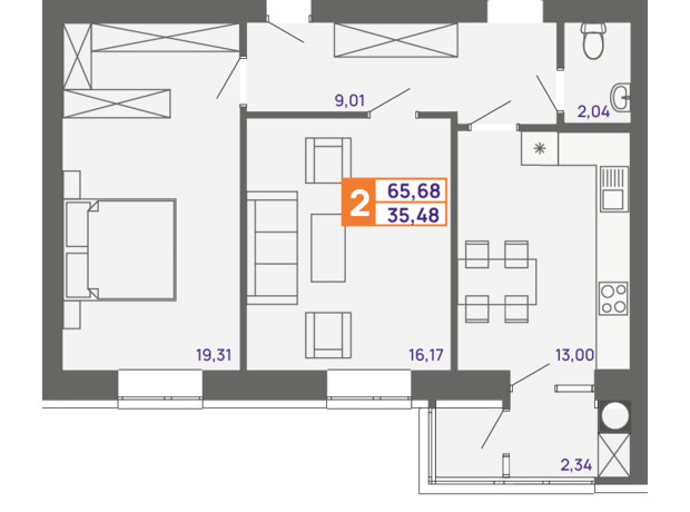 ЖК Молодіжний: планування 2-кімнатної квартири 65.68 м²