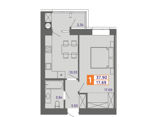 ЖК Молодіжний: планування 1-кімнатної квартири 37.9 м²