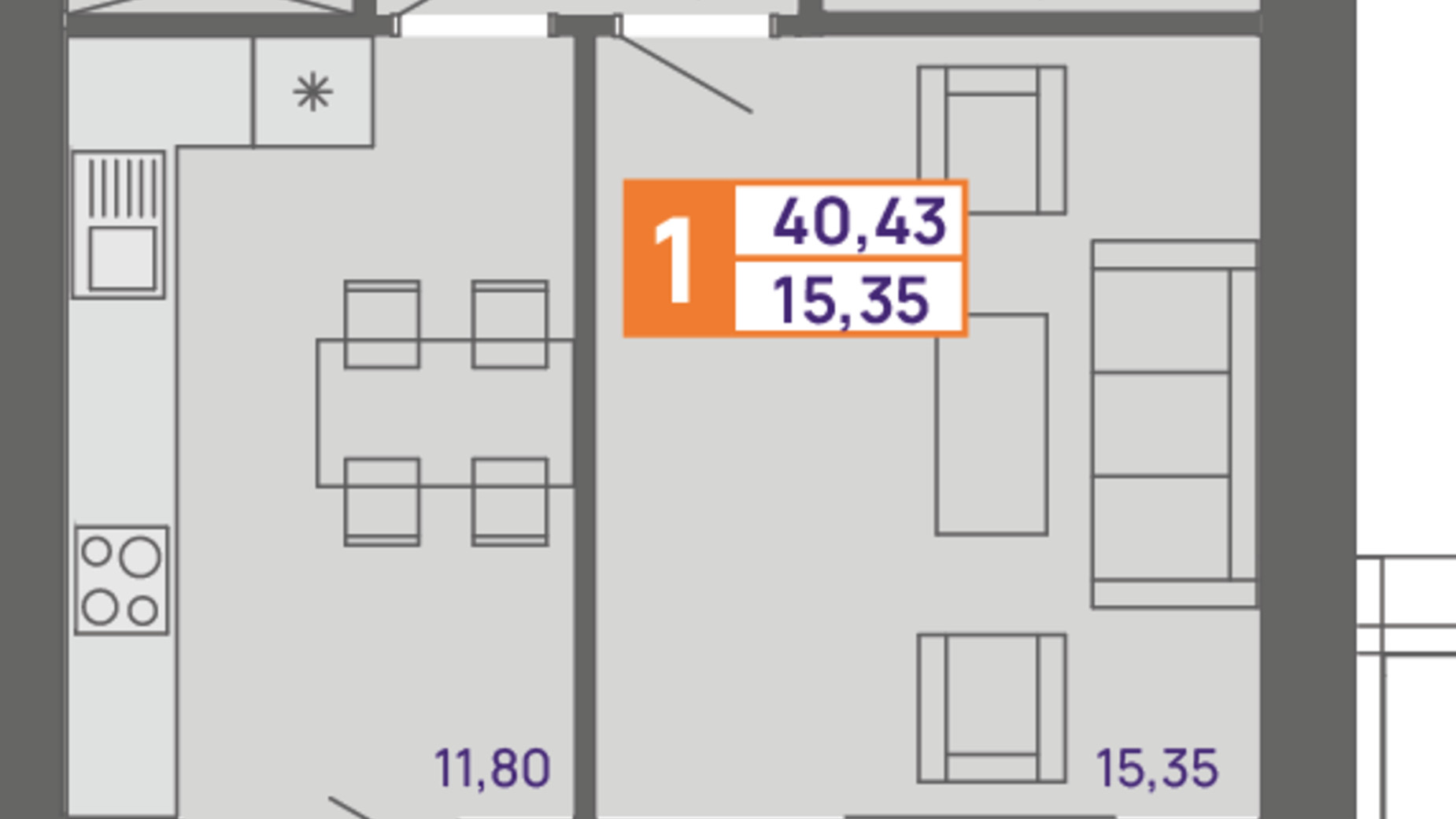 Планировка 1-комнатной квартиры в ЖК Молодежный 40.43 м², фото 300028