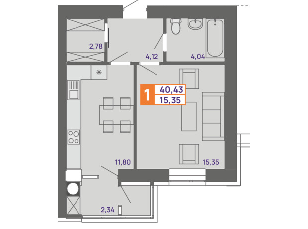 ЖК Молодежный: планировка 1-комнатной квартиры 40.43 м²