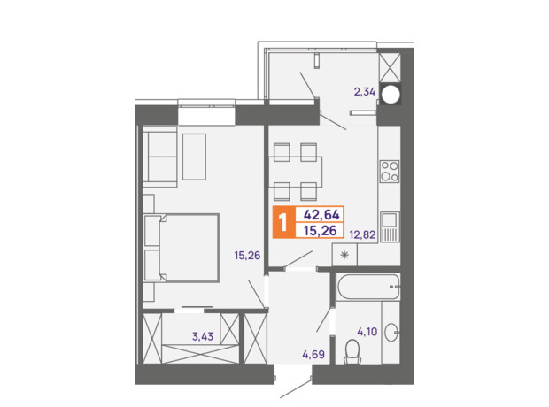 ЖК Молодіжний: планування 1-кімнатної квартири 42.64 м²