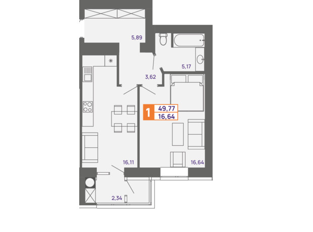 ЖК Молодіжний: планування 1-кімнатної квартири 49.77 м²