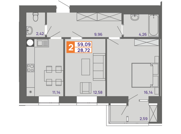 ЖК Молодіжний: планування 2-кімнатної квартири 59.09 м²