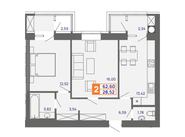 ЖК Молодіжний: планування 2-кімнатної квартири 62.6 м²