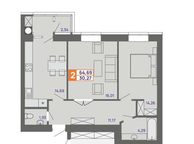 ЖК Молодіжний: планування 2-кімнатної квартири 64.69 м²