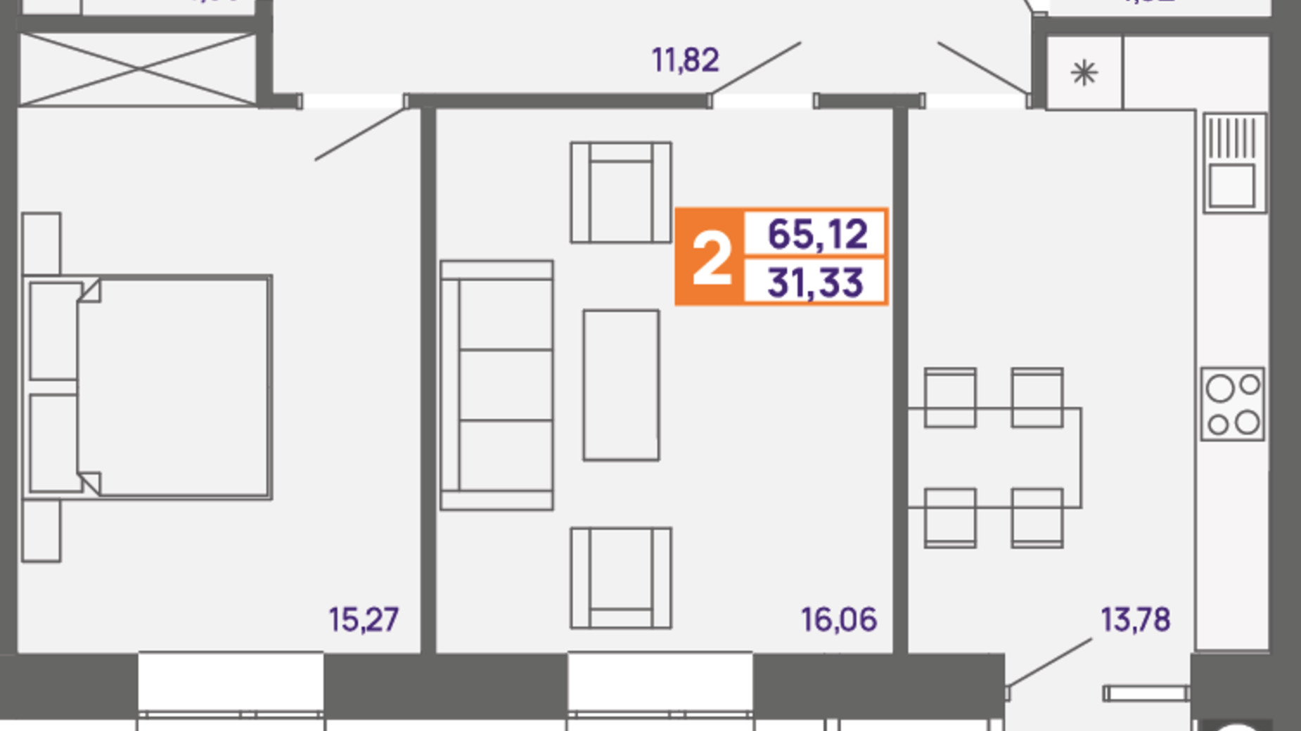 Планировка 2-комнатной квартиры в ЖК Молодежный 65.12 м², фото 300035