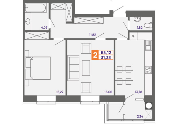 ЖК Молодіжний: планування 2-кімнатної квартири 65.12 м²