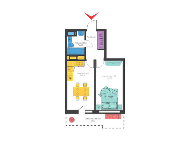 ЖК 4 сезона: планировка 1-комнатной квартиры 47.5 м²