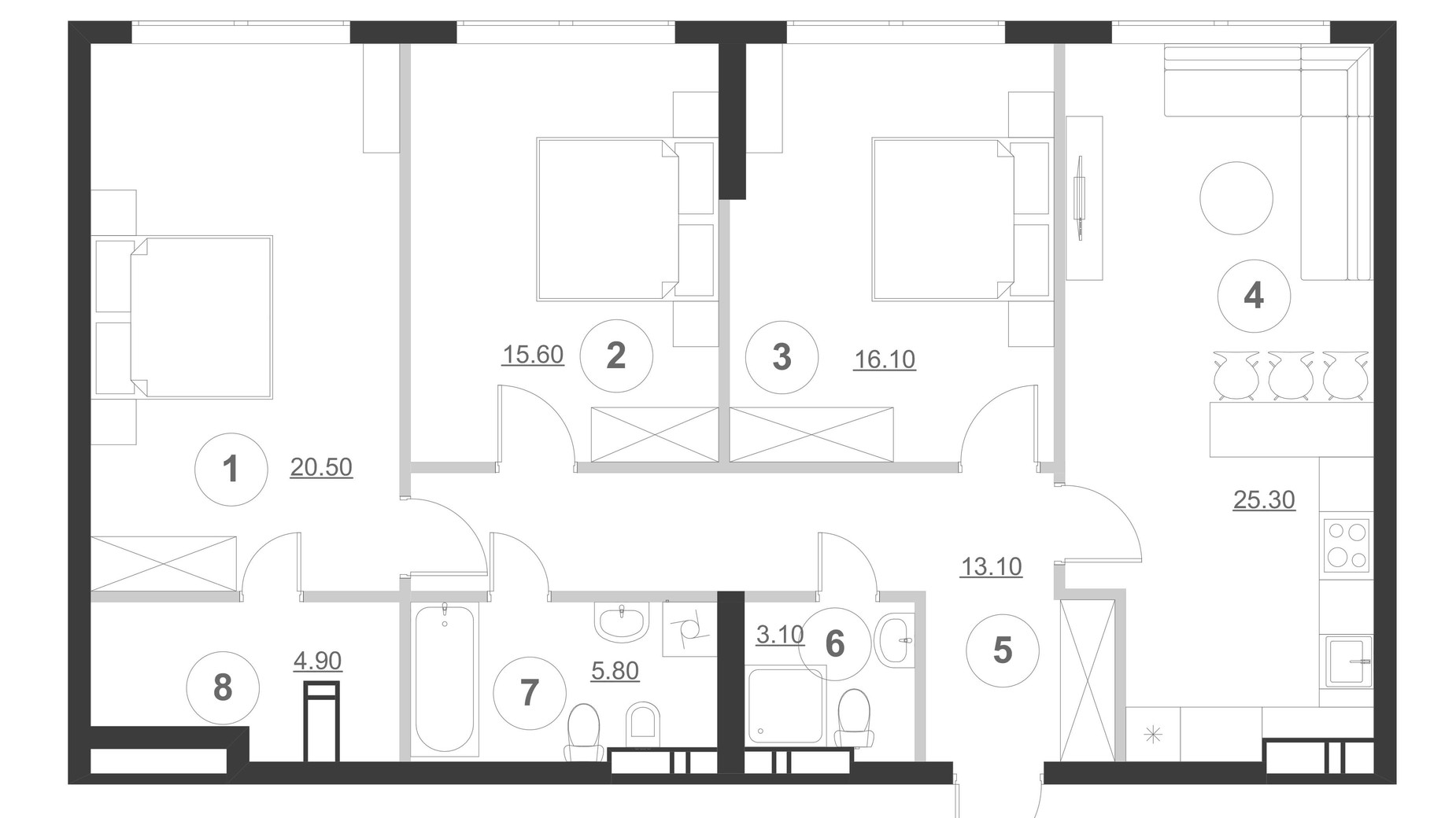 Планировка 3-комнатной квартиры в ЖК Greenville Park 109 м², фото 300452