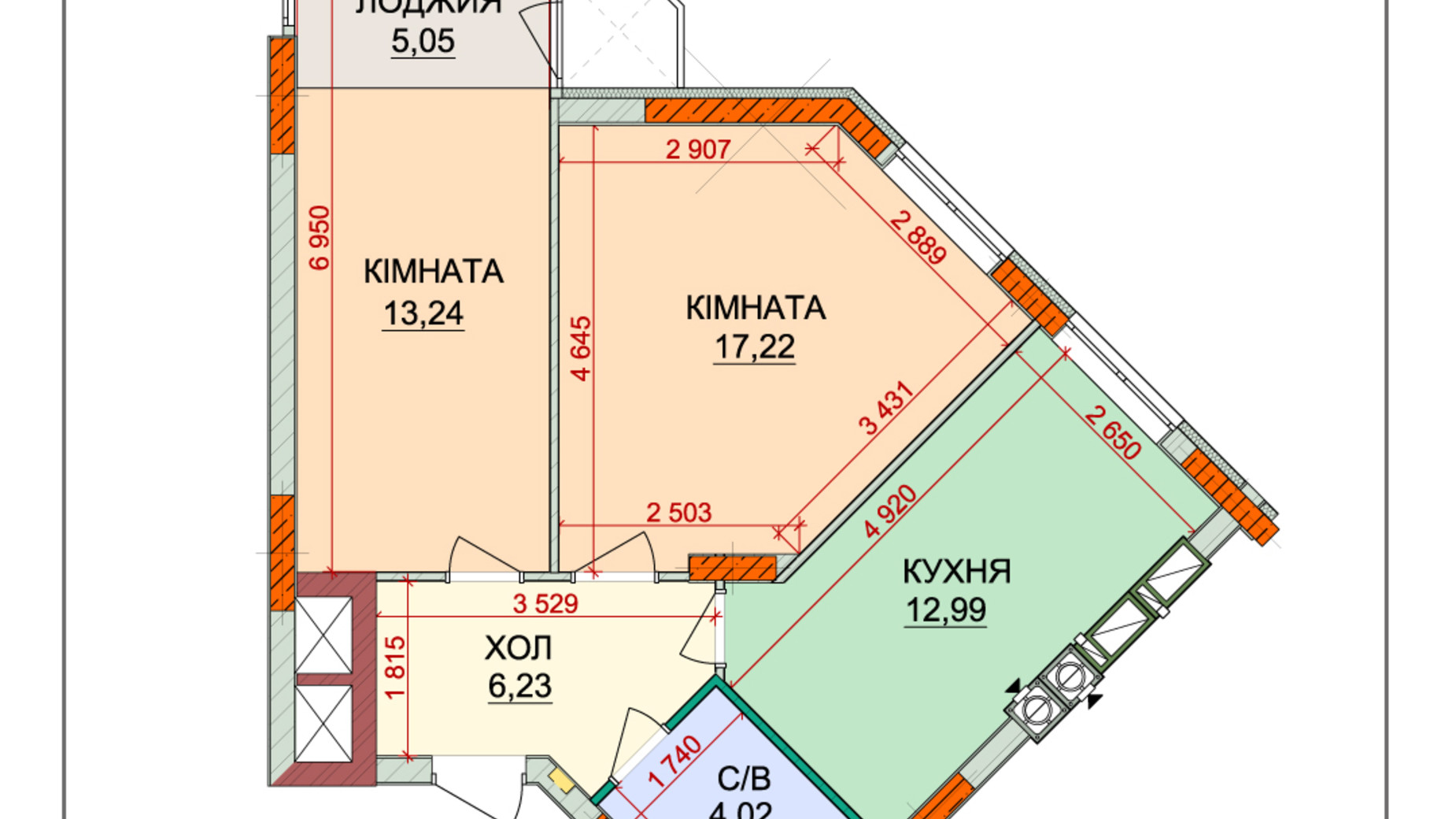 Планировка 1-комнатной квартиры в ЖК Лесная сказка-2 61.4 м², фото 300457