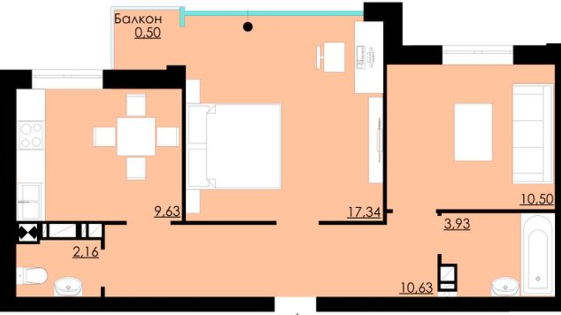 Планування 2-кімнатної квартири в ЖК Comfort City 54.54 м², фото 301203