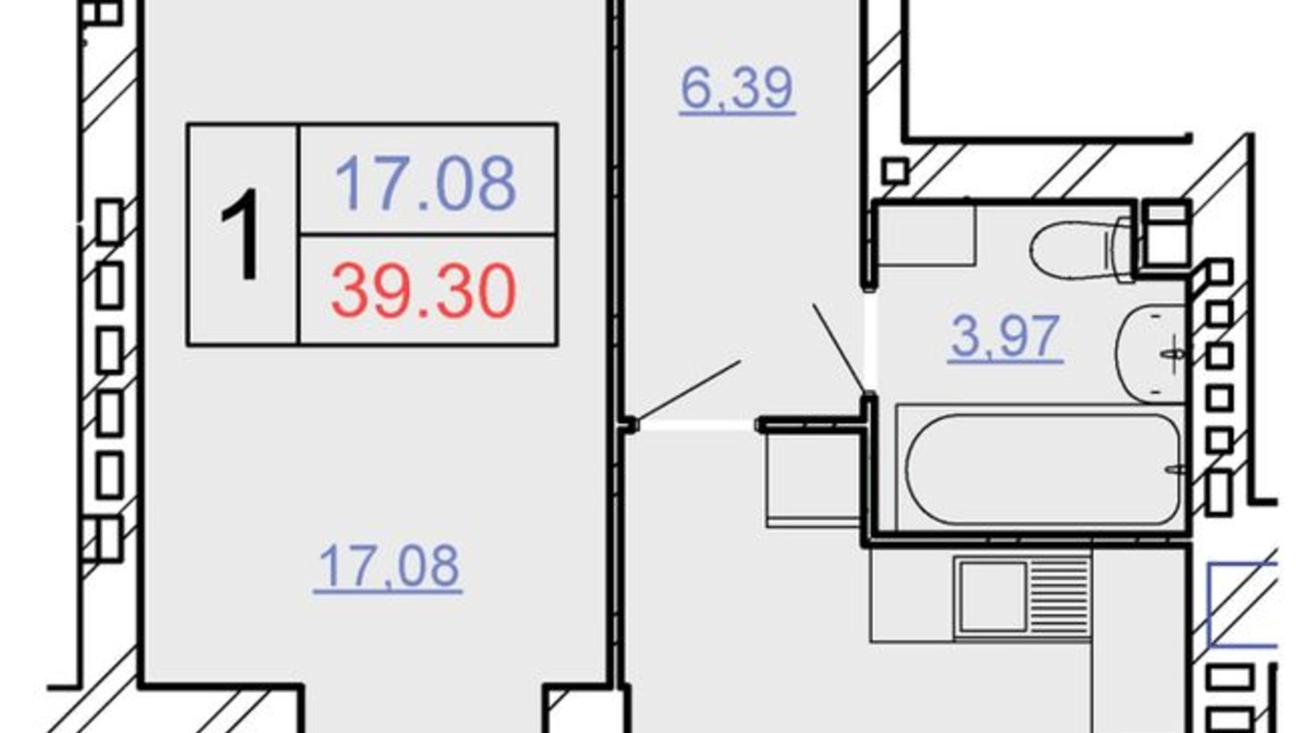 Планування 1-кімнатної квартири в ЖБК Щасливий 39.3 м², фото 301223