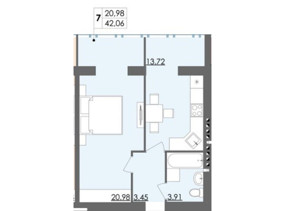 Планировка 1-комнатной квартиры в ЖК Green Village 42.06 м², фото 301343 Планировка 1-комнатной квартиры в ЖК Green Village 42.06 м², фото 301343