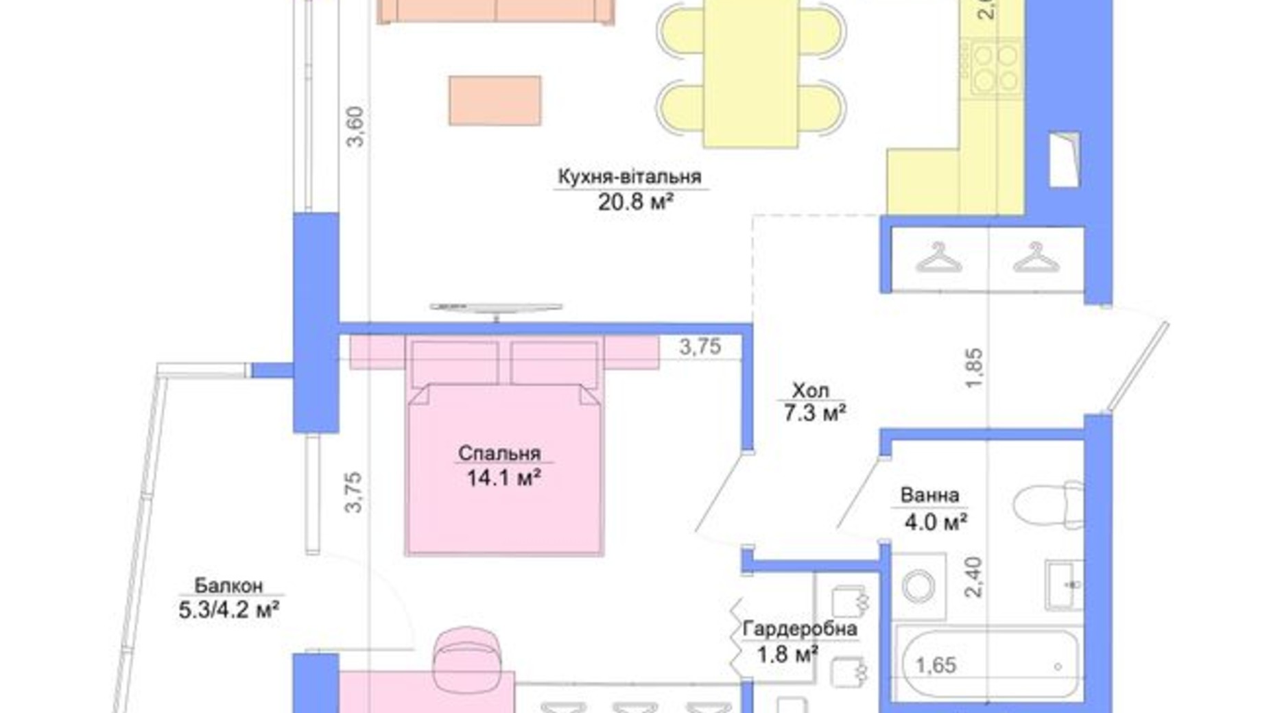 Планування 1-кімнатної квартири в ЖК Legenda 52.2 м², фото 301599
