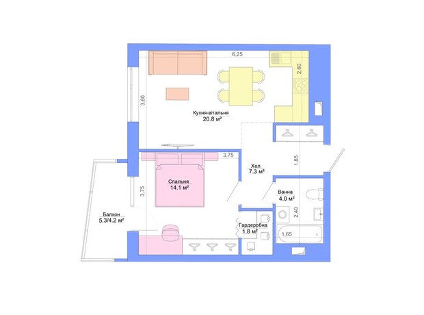 ЖК Legenda: планировка 1-комнатной квартиры 52.2 м²