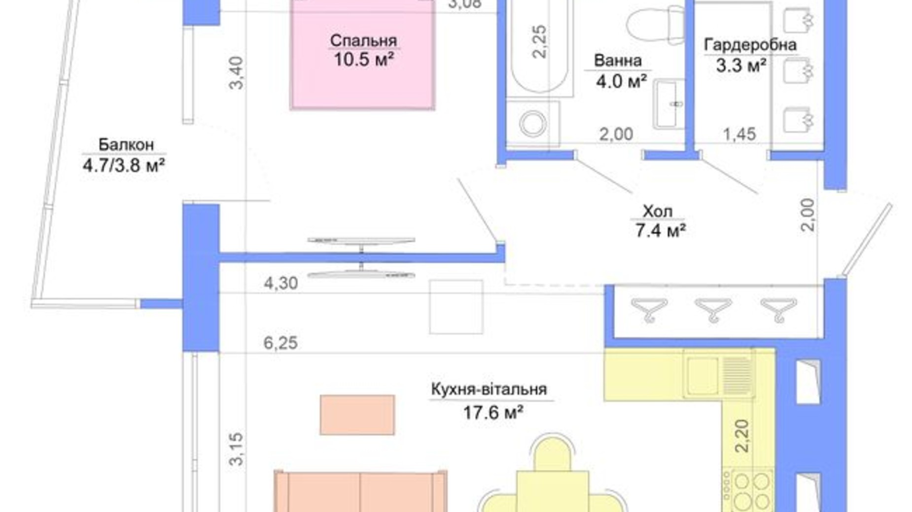 Планування 1-кімнатної квартири в ЖК Legenda 46.6 м², фото 301601