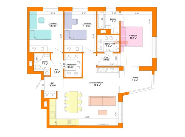 ЖК Legenda: планировка 3-комнатной квартиры 102.7 м²