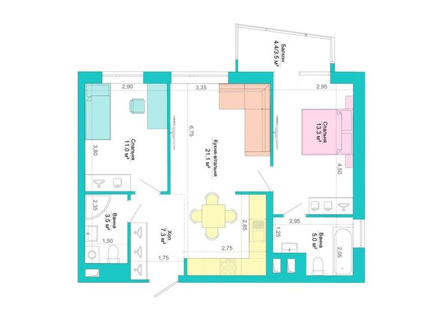 ЖК Legenda: планування 2-кімнатної квартири 64.7 м²