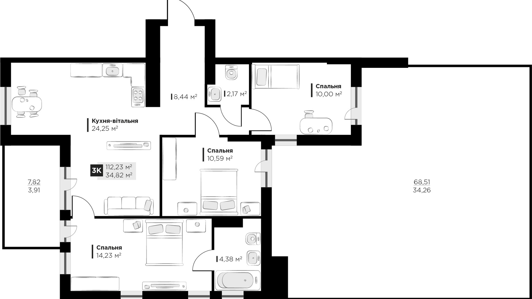 Планировка 3-комнатной квартиры в ЖК PERFECT LIFE 112.23 м², фото 302045