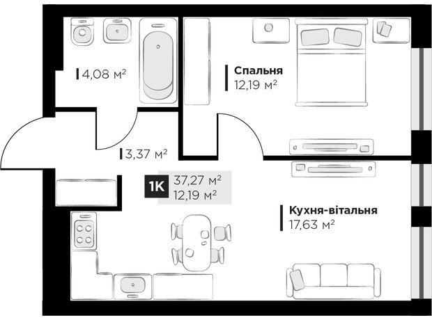 ЖК PERFECT LIFE: планування 1-кімнатної квартири 37.27 м²