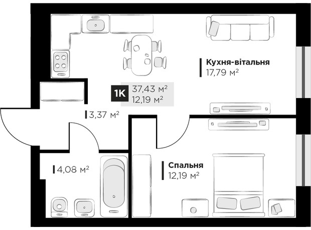 ЖК PERFECT LIFE: планування 1-кімнатної квартири 37.43 м²