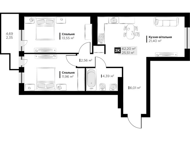 ЖК PERFECT LIFE: планировка 2-комнатной квартиры 62.2 м²
