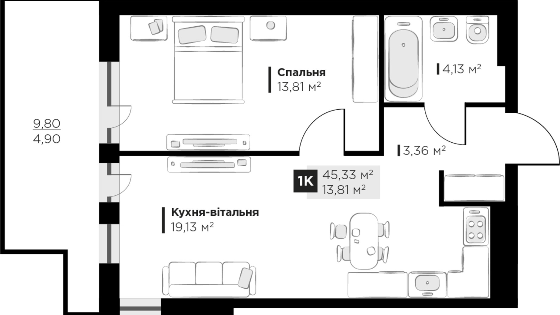 Планировка 1-комнатной квартиры в ЖК PERFECT LIFE 45.33 м², фото 302064