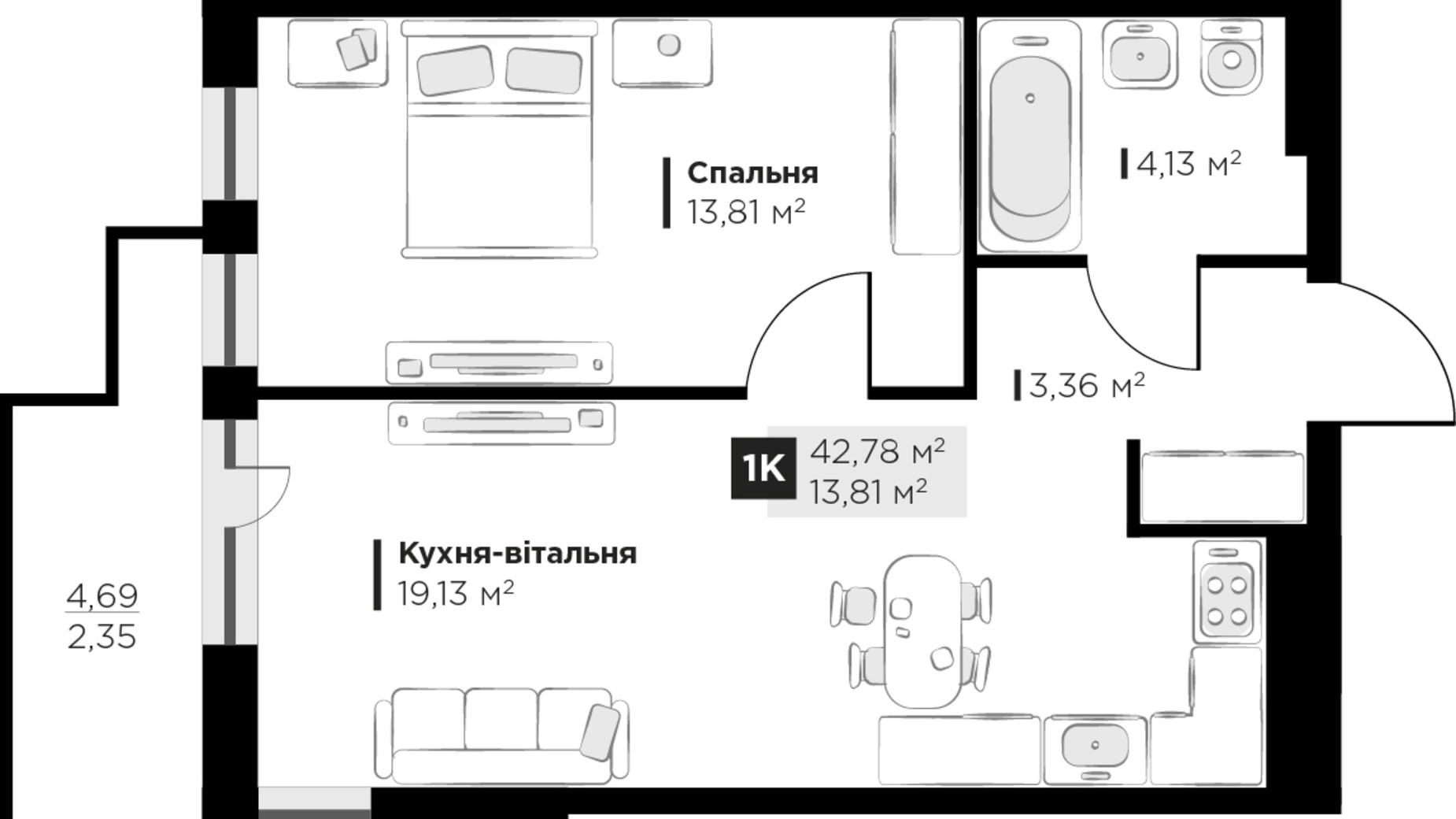 Планировка 1-комнатной квартиры в ЖК PERFECT LIFE 42.78 м², фото 302065