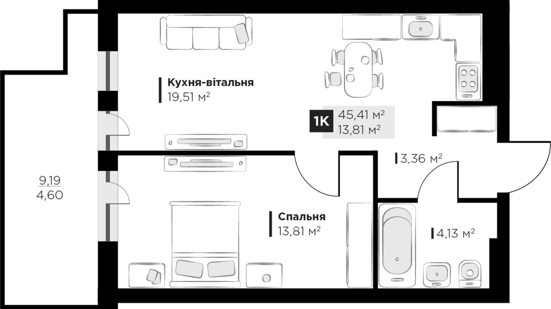 Планування 1-кімнатної квартири в ЖК PERFECT LIFE 45.41 м², фото 302067