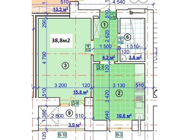 ЖК Паркове містечко: планування 1-кімнатної квартири 38.8 м²