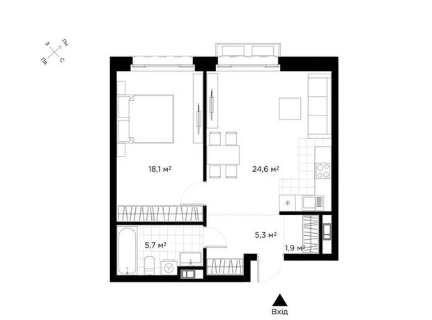 ЖК Diadans: планировка 1-комнатной квартиры 55.6 м²