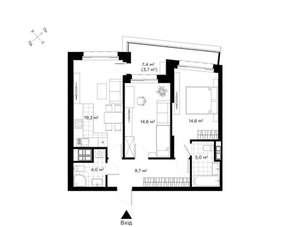 ЖК Diadans: планування 2-кімнатної квартири 70.8 м²