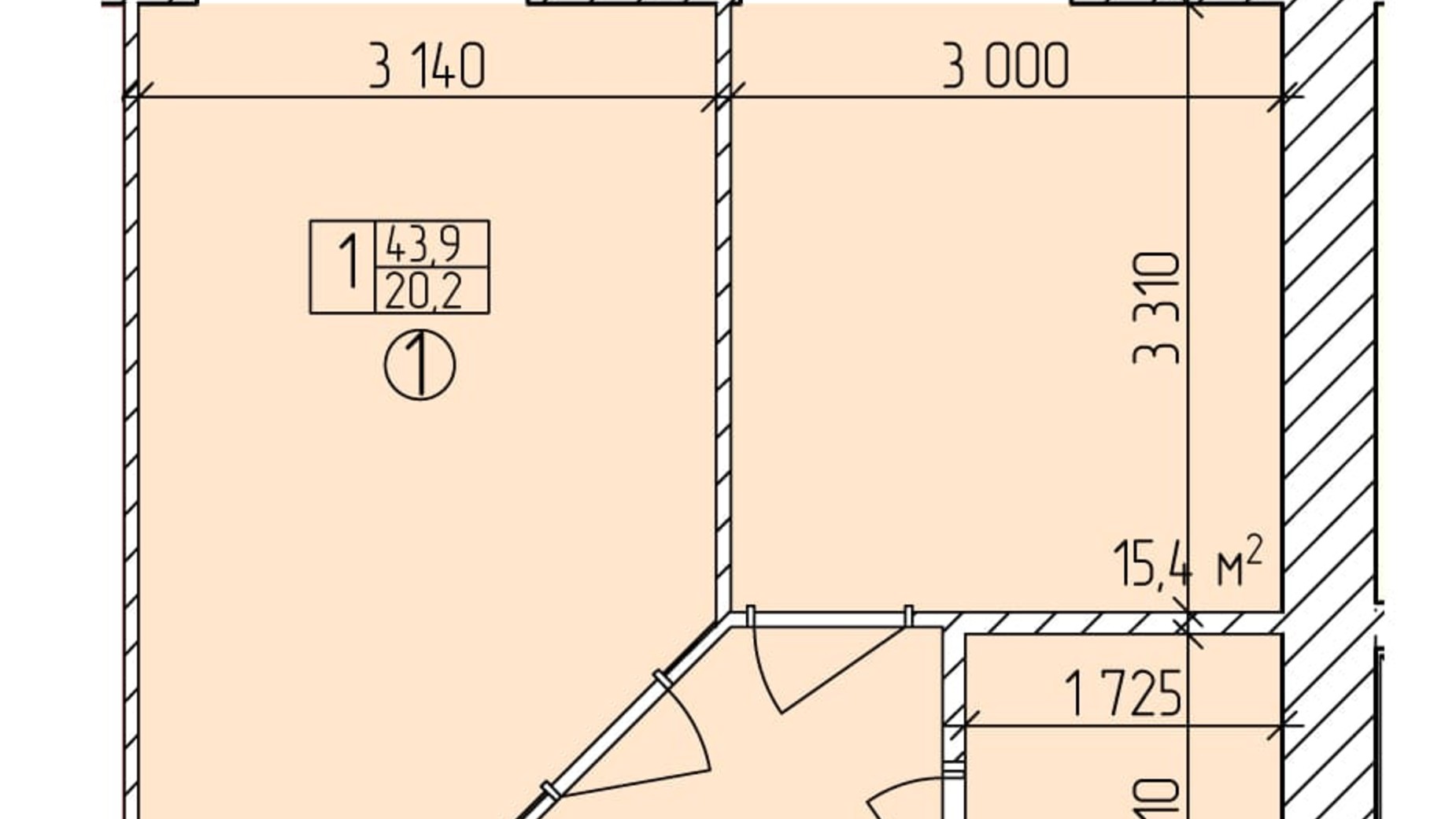 Планировка 1-комнатной квартиры в ЖК Дубовий Гай Запоріжжя 43.9 м², фото 302891