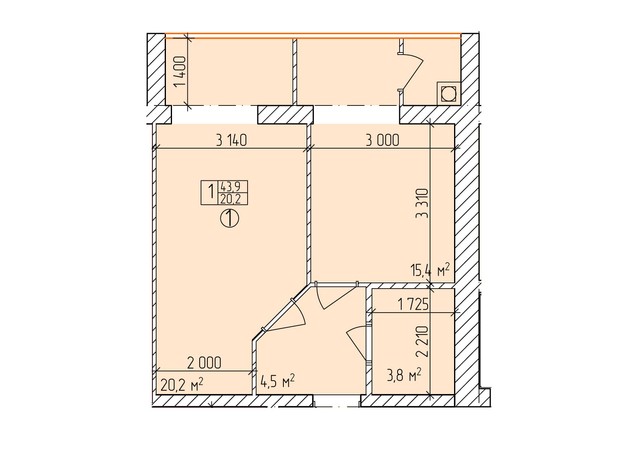 ЖК Дубовий Гай Запоріжжя: планировка 1-комнатной квартиры 43.9 м²