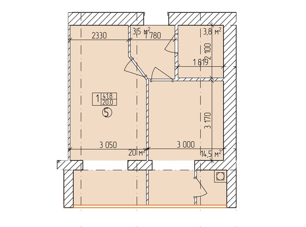 ЖК Дубовий Гай Запоріжжя: планировка 1-комнатной квартиры 41.8 м²