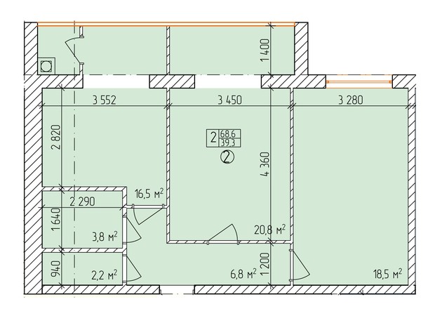 ЖК Дубовий Гай Запоріжжя: планировка 2-комнатной квартиры 68.6 м²