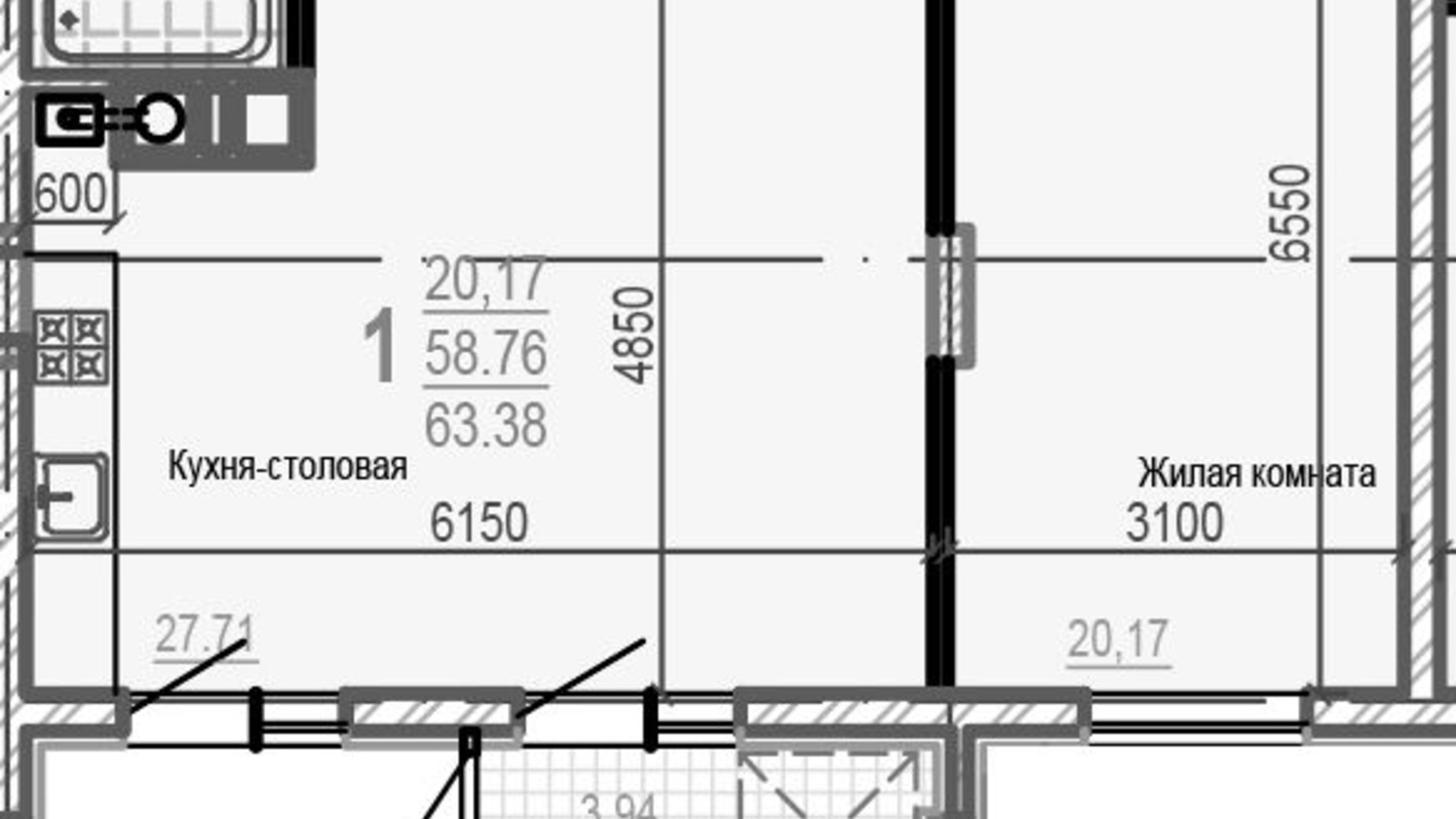 Планировка 1-комнатной квартиры в ЖК Брюссель 63.43 м², фото 302902