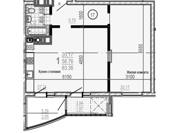 ЖК Брюссель: планування 1-кімнатної квартири 63.43 м²