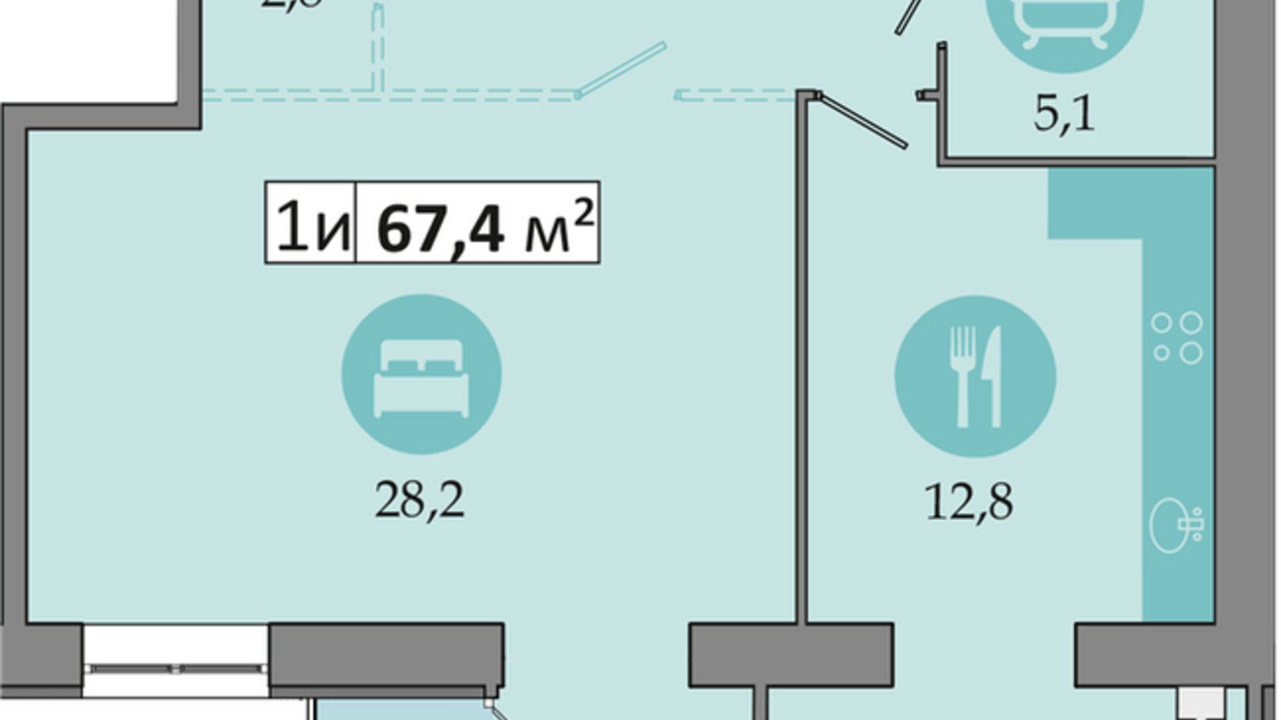 Планування 1-кімнатної квартири в ЖК Дніпровська Брама 2 67.5 м², фото 303200