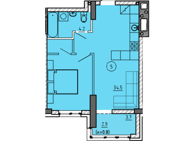 ЖК Городок : планування 1-кімнатної квартири 41.6 м²