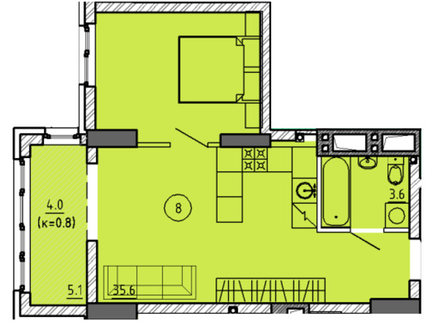 ЖК Городок : планировка 1-комнатной квартиры 43.2 м²